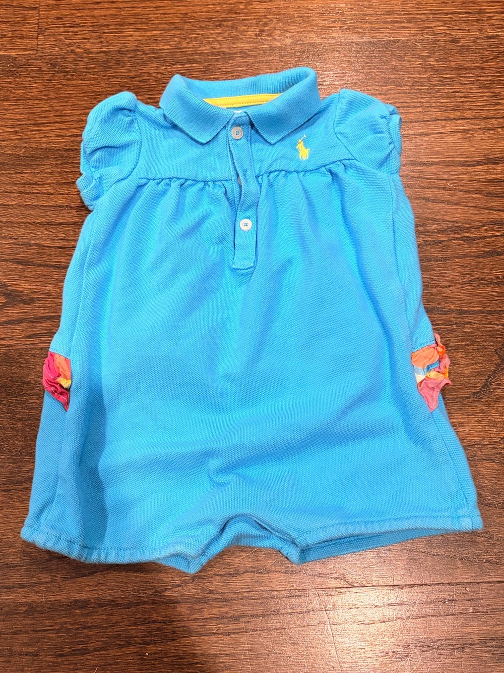Ralph Lauren Bright Blue Polo Romper with Yellow Logo